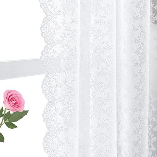 Lace Curtains 108 Inch Length – Vintage Rose 52″W x 108″L (Pack of 2) White