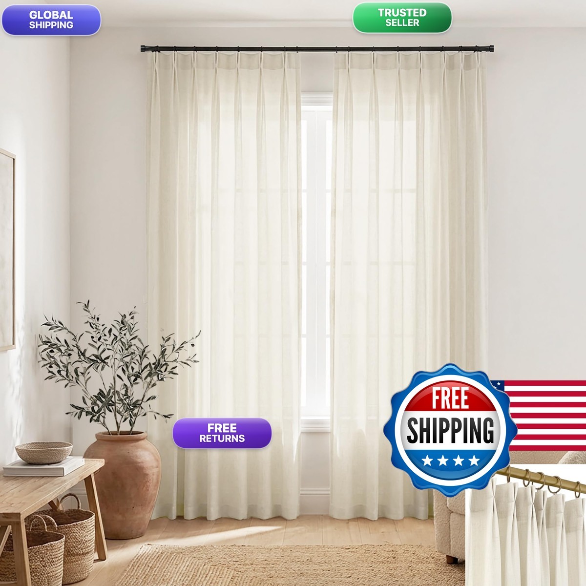 Shineland 120 Inch Extra Long Pinch Pleated Linen Curtains 10 Ft Tailored Sheer