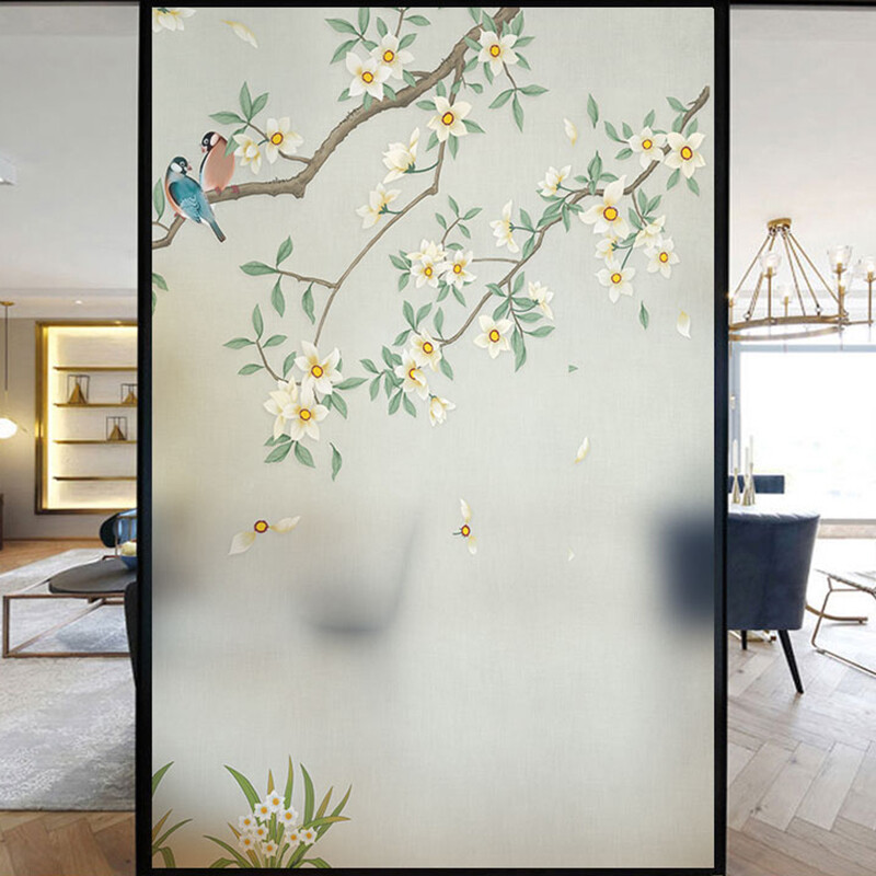 Chinese Flower Birds Style Privacy Window Film Statics Cling Frosted Home Decor