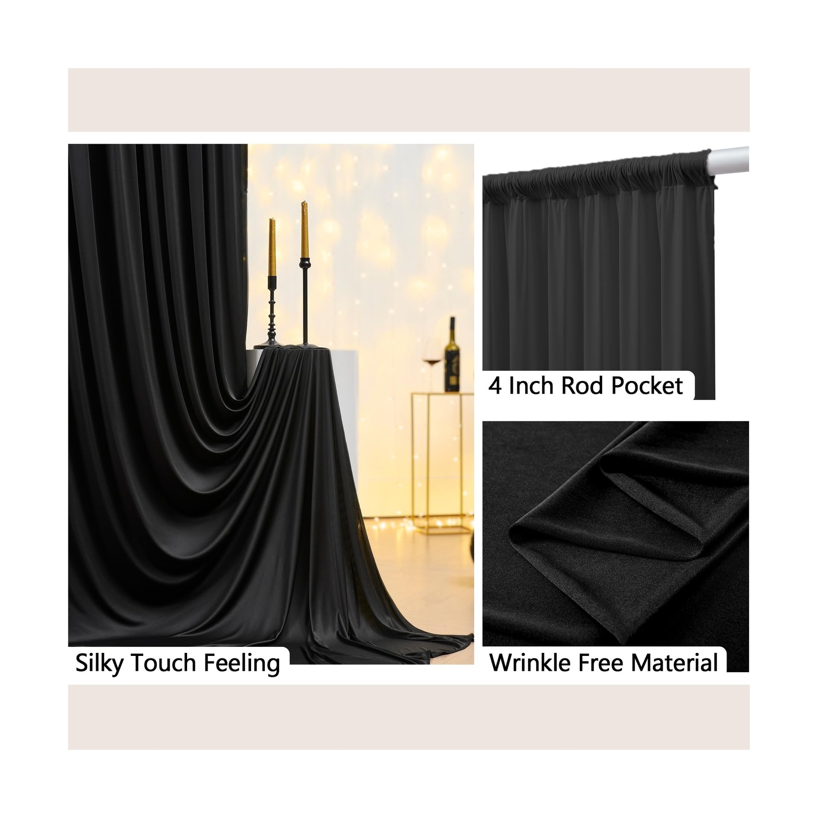 10ftx50ft Black Wrinkle-Free Backdrop Curtain Drapes, 10 Panels Thick 5ftx10f…