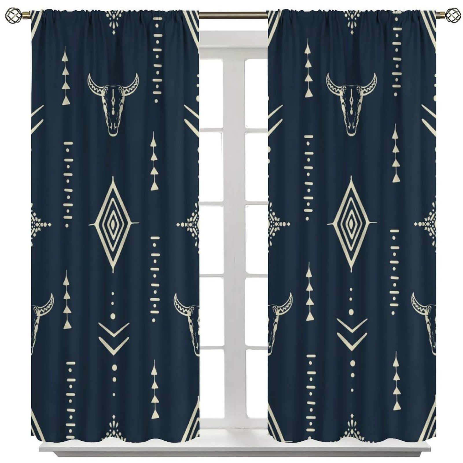 Rustic Farmhouse Aztec Tribal Decorative Curtains, Bohemian Bull Skull Vintag…