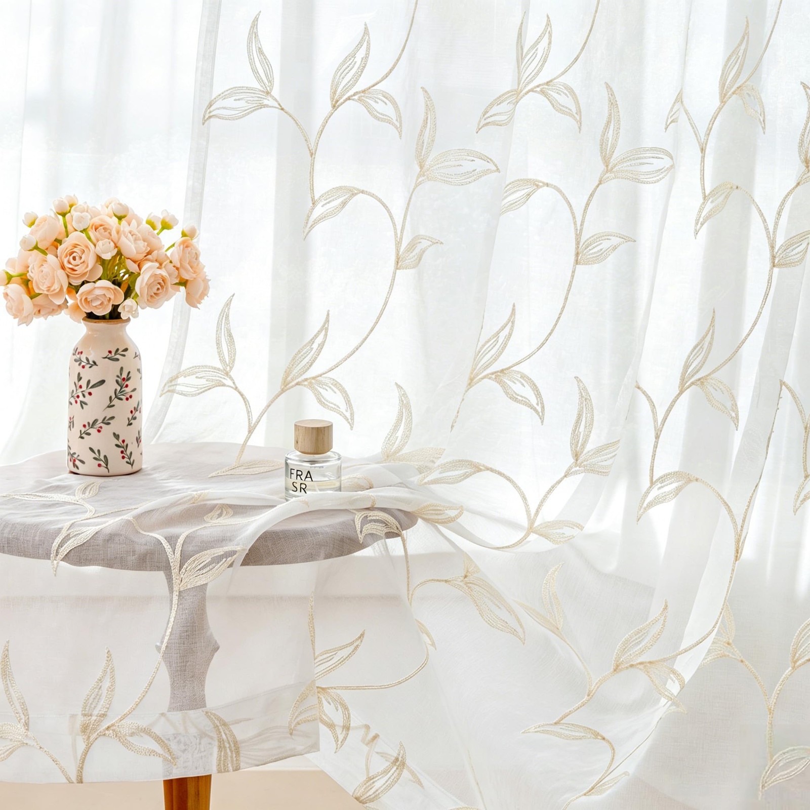 VISIONTEX Sheer Curtains 84 inch Length 2 Panels Set, White Voile Crushed Cream
