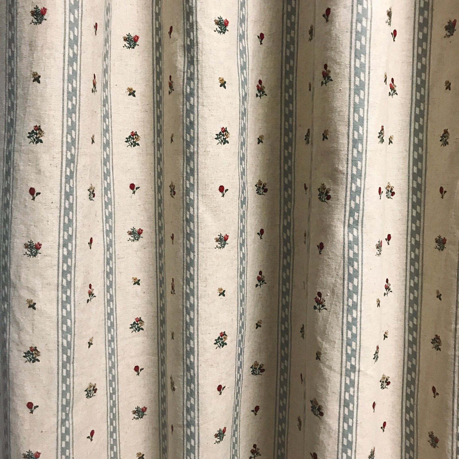 Modern Vintage Handmade Grayish Blue Vertical Stripes Tiny Floral Beige Curtain