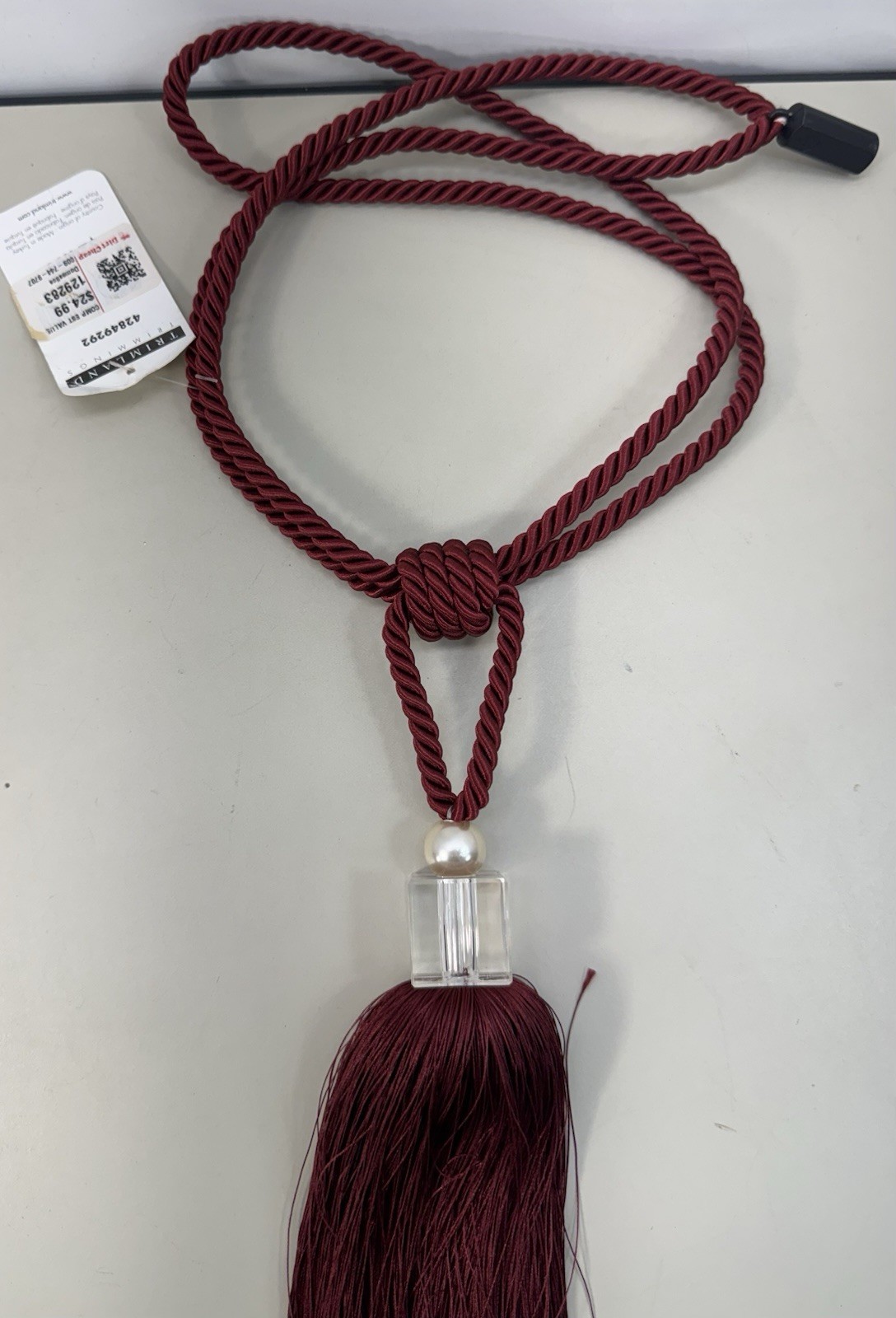 Tassel Curtain Tie-Back Twisted Rope W/Pearl & Bead Accents & Fringe Burgundy