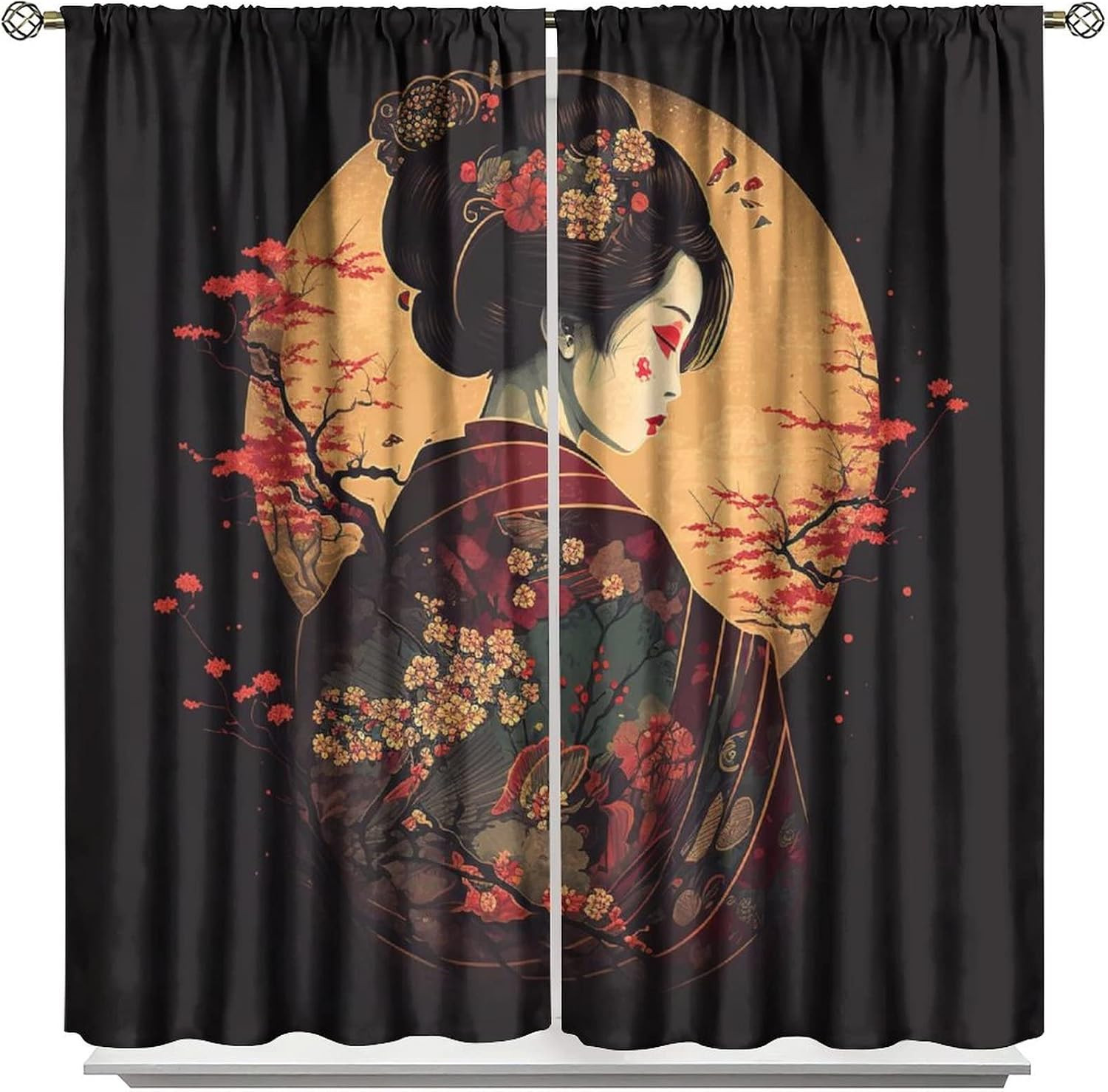 Japanese Blackout Curtain, Black Background Beautiful Japan Geisha Girls and Che