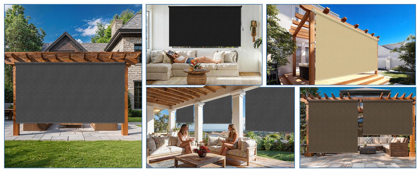 10’W x 8’H Gray Outdoor Roller Shade with Crank Wand Patio Shades Roll up,