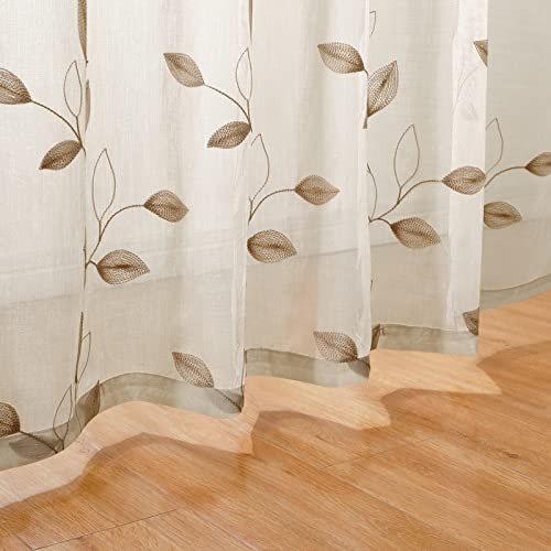 HOMEIDEAS Taupe Sheer Curtains 52 X 63 Inches Length 2 Panels Beige Embroidered