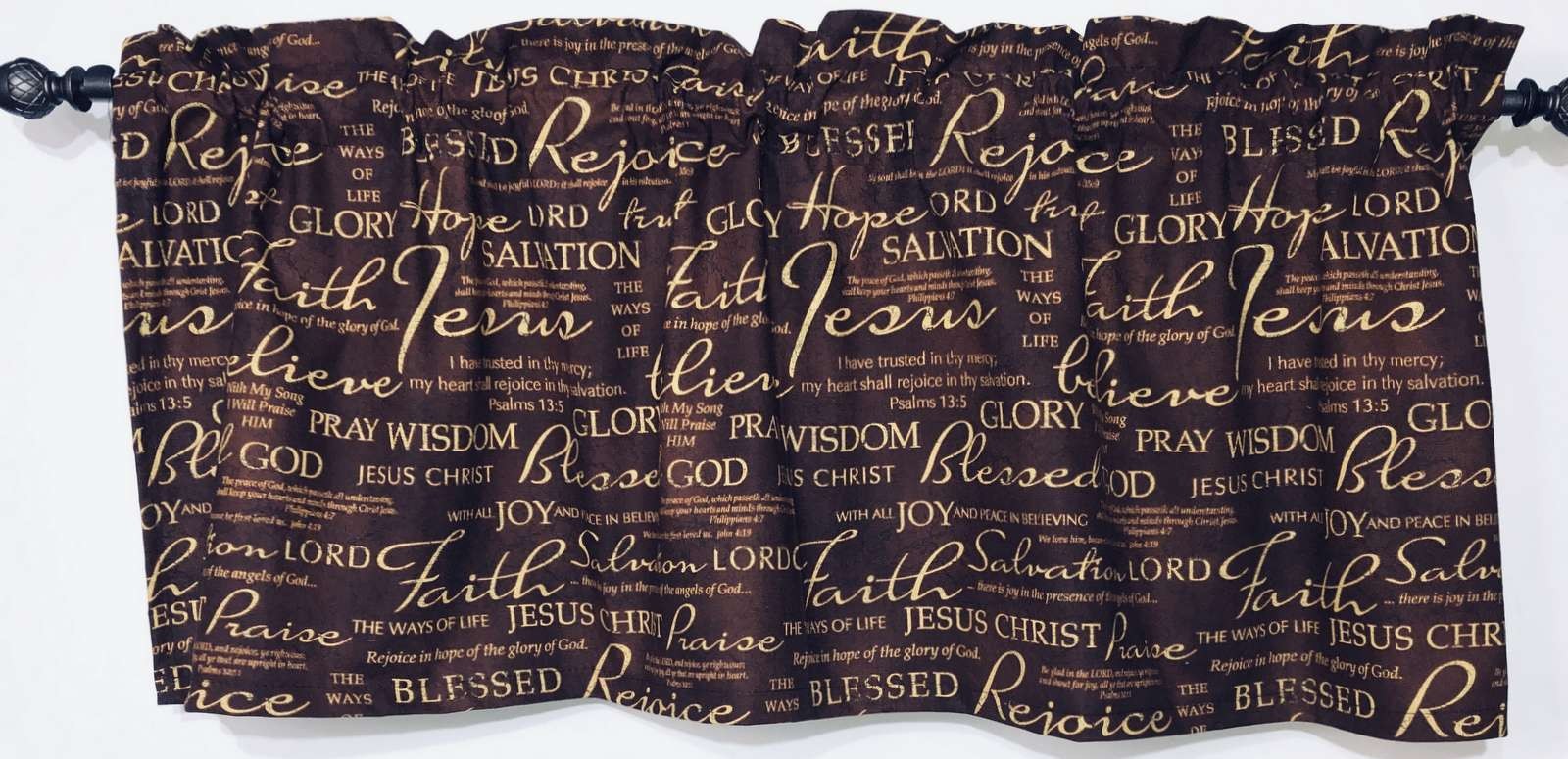 Faith Valance – Christian Scripture Word Curtain Brown Gold Inspirational Decor