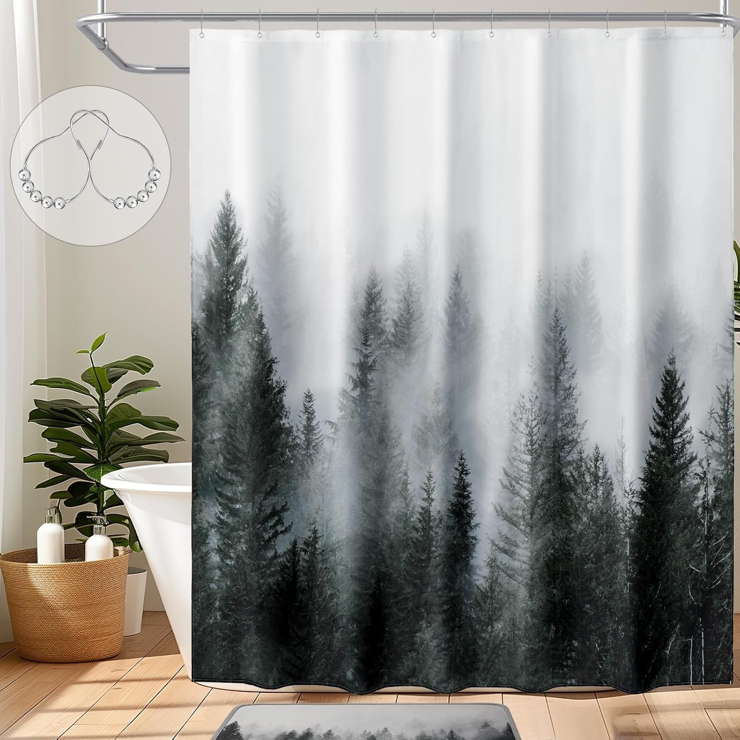 Dark Green Misty Forest Shower Curtain for Bathroom, Nature Woodland Shower