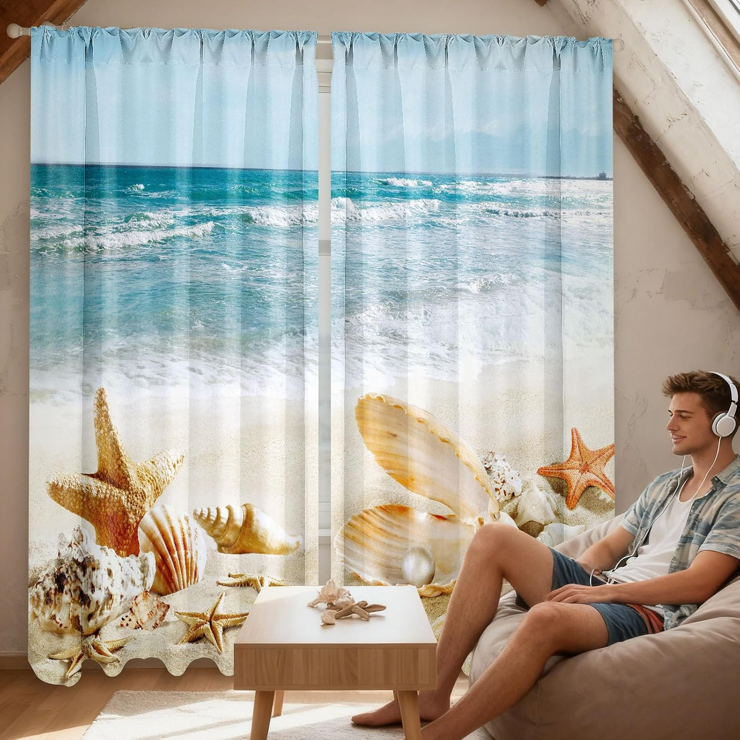 Ocean Beach Shell Starfish Window Curtain Panels 52 x 84 2 Piece Set Blue Gold
