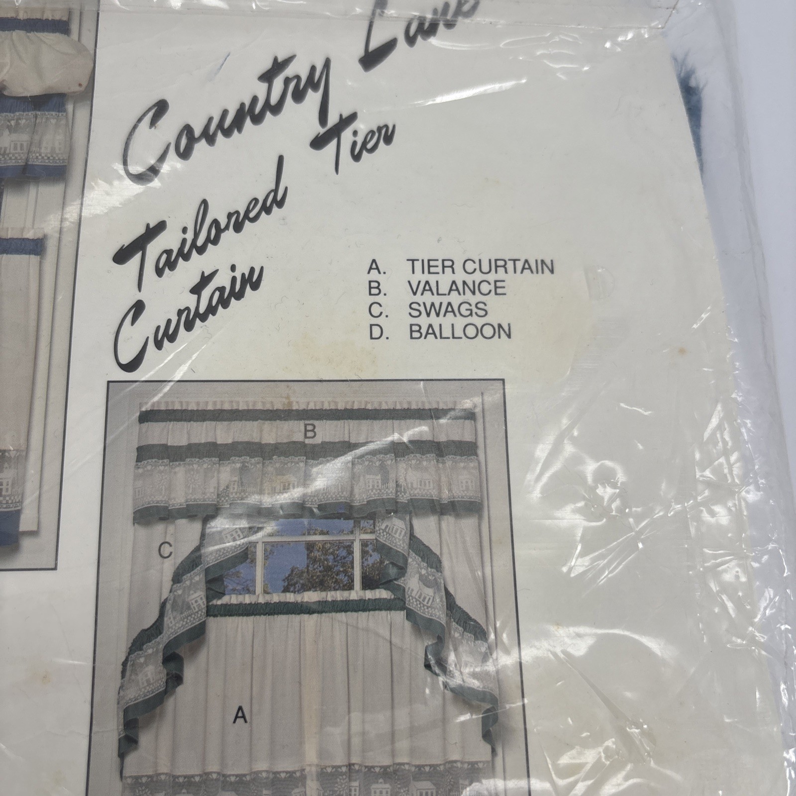 VTG 90s Country Lane Tailored Tier Curtains 60×24 Blue White Lace Cottage