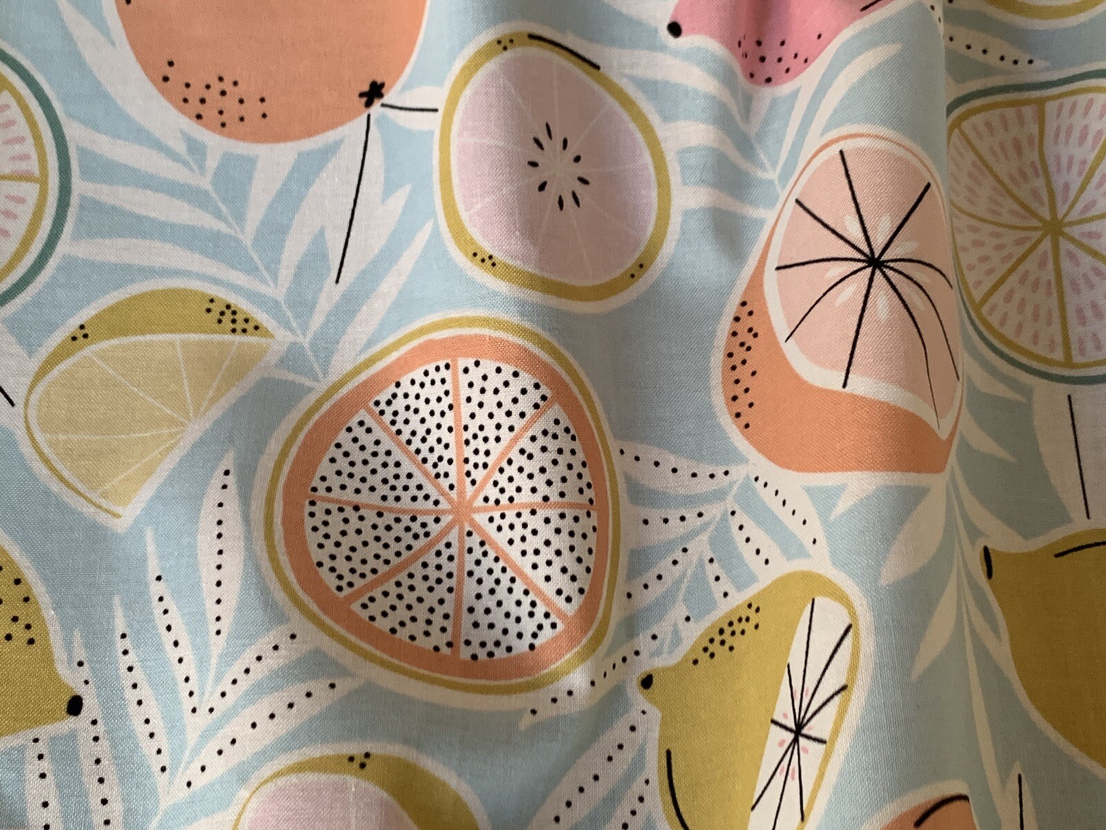 Modern, Contemporary Blue Kitchen Valance with Lemons, Grapefruit, Limes. New