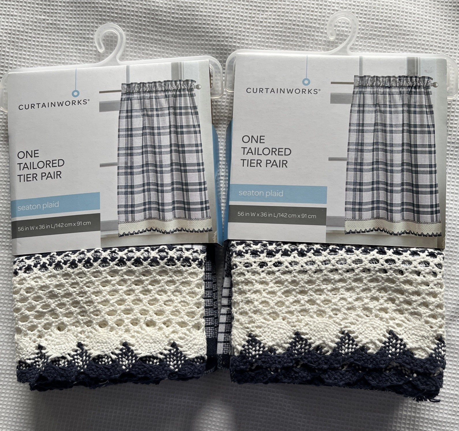 Curtainworks Seaton Plaid Tailored Tier Curtain X2 Pairs 56”x36″ Navy New NIP