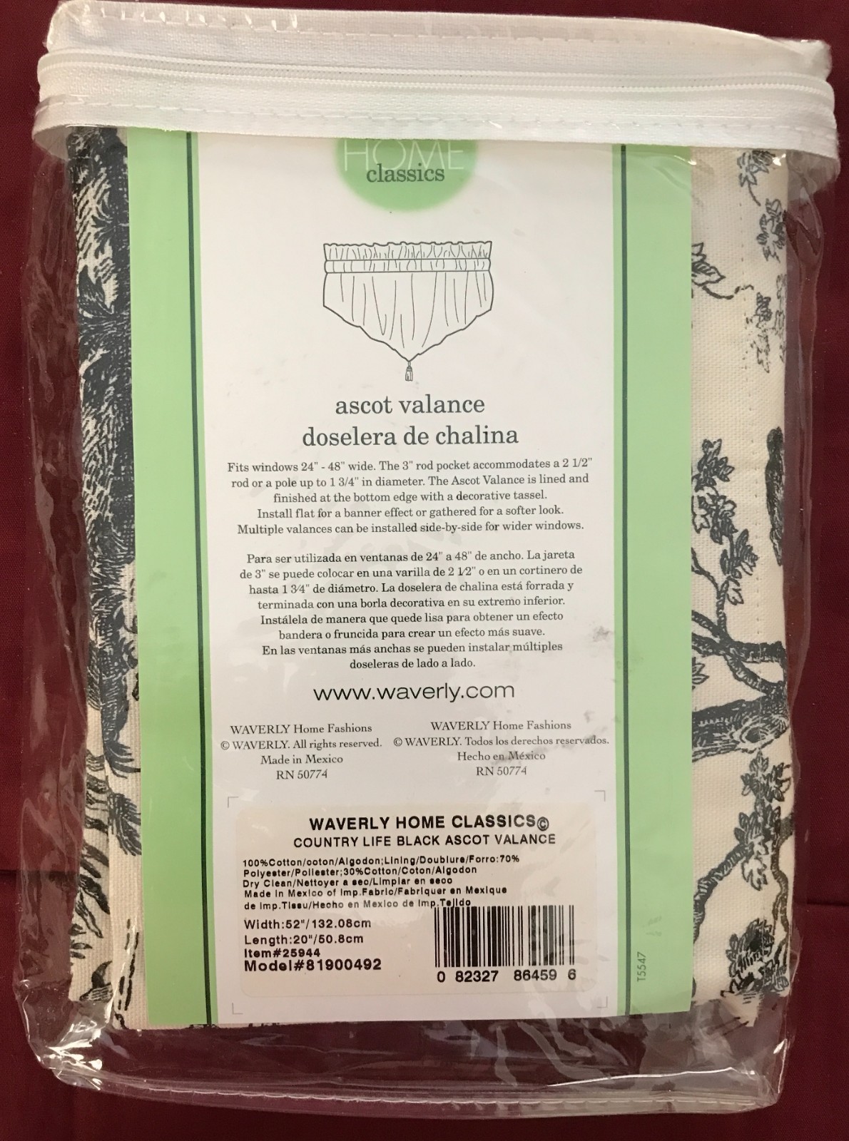 WAVERLY COUNTRY LIFE Black & Cream Toile 52”x 20” ASCOT Window Valance “NEW”