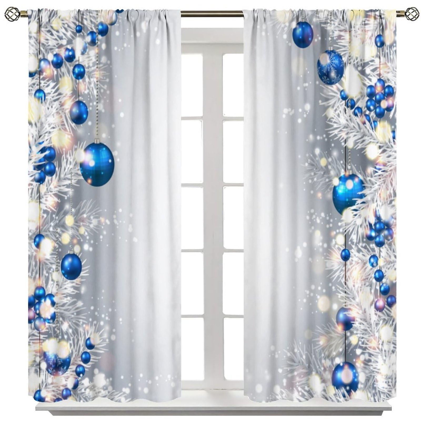 Blue Christmas Ball Curtains, Happy New Year Silver Fir Branches Winter Xmas …