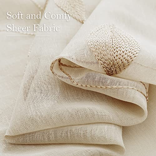 HOMEIDEAS Taupe Sheer Curtains 52 X 63 Inches Length 2 Panels Beige Embroidered