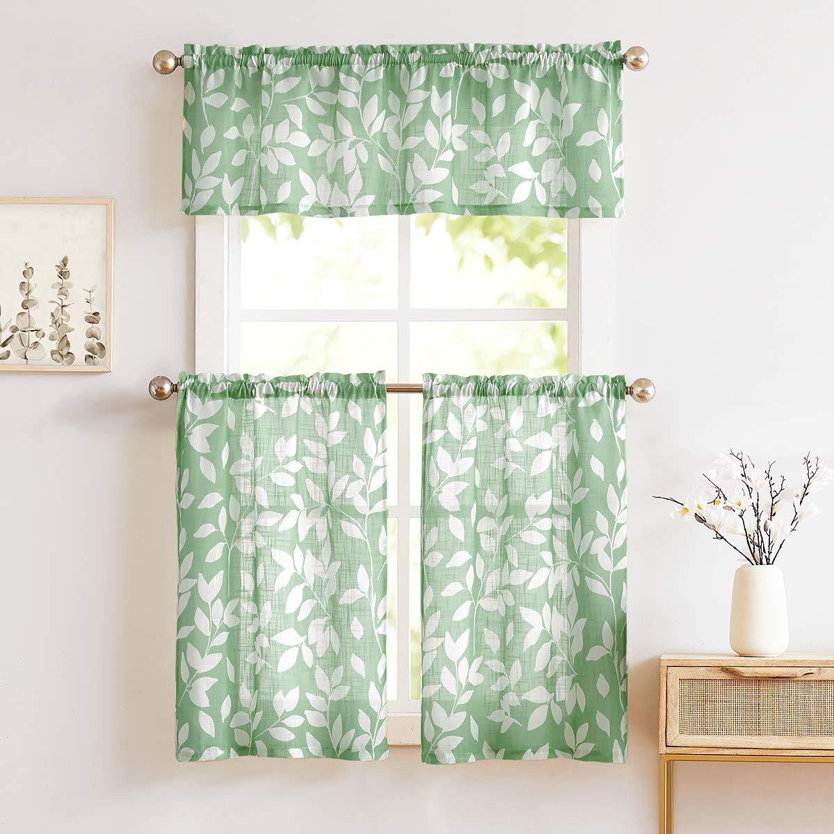 Leaf Print Valance Curtain 52″W 15″L Green White – Kitchen Window Treatment