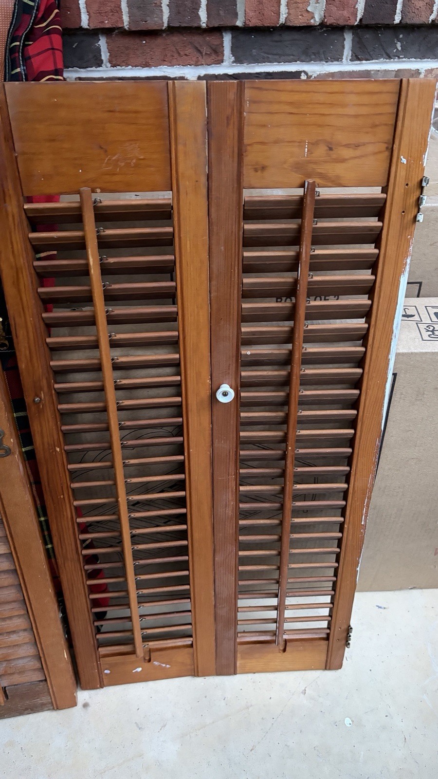 Vintage Wood Window Shutters 2 Each 30”H X 7.5” (15” Wide) Brown Knob Hook Used