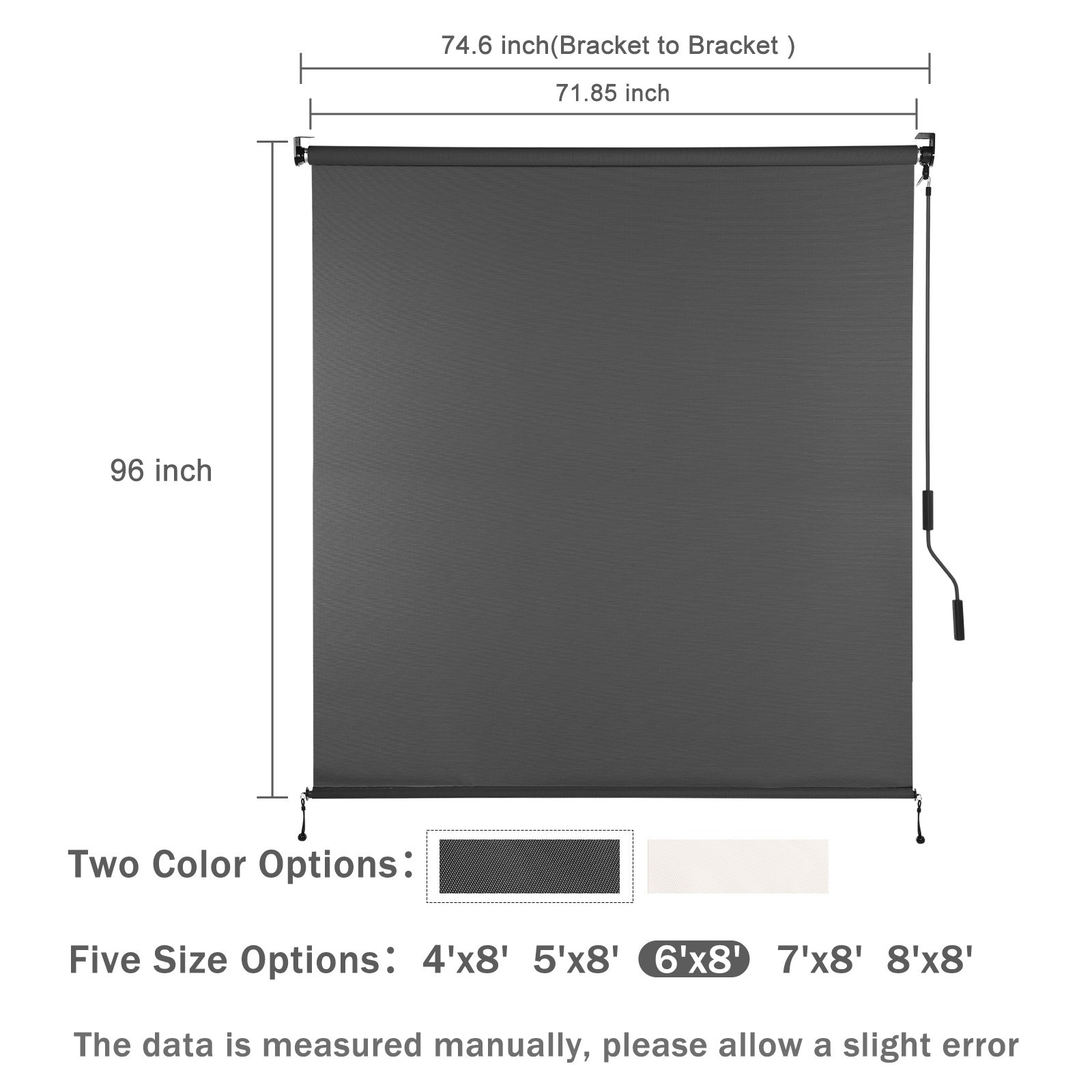 6ft (W) x 8ft (H) Outdoor Roller Shades 5% Openness Cordless Sun Roll up Shade