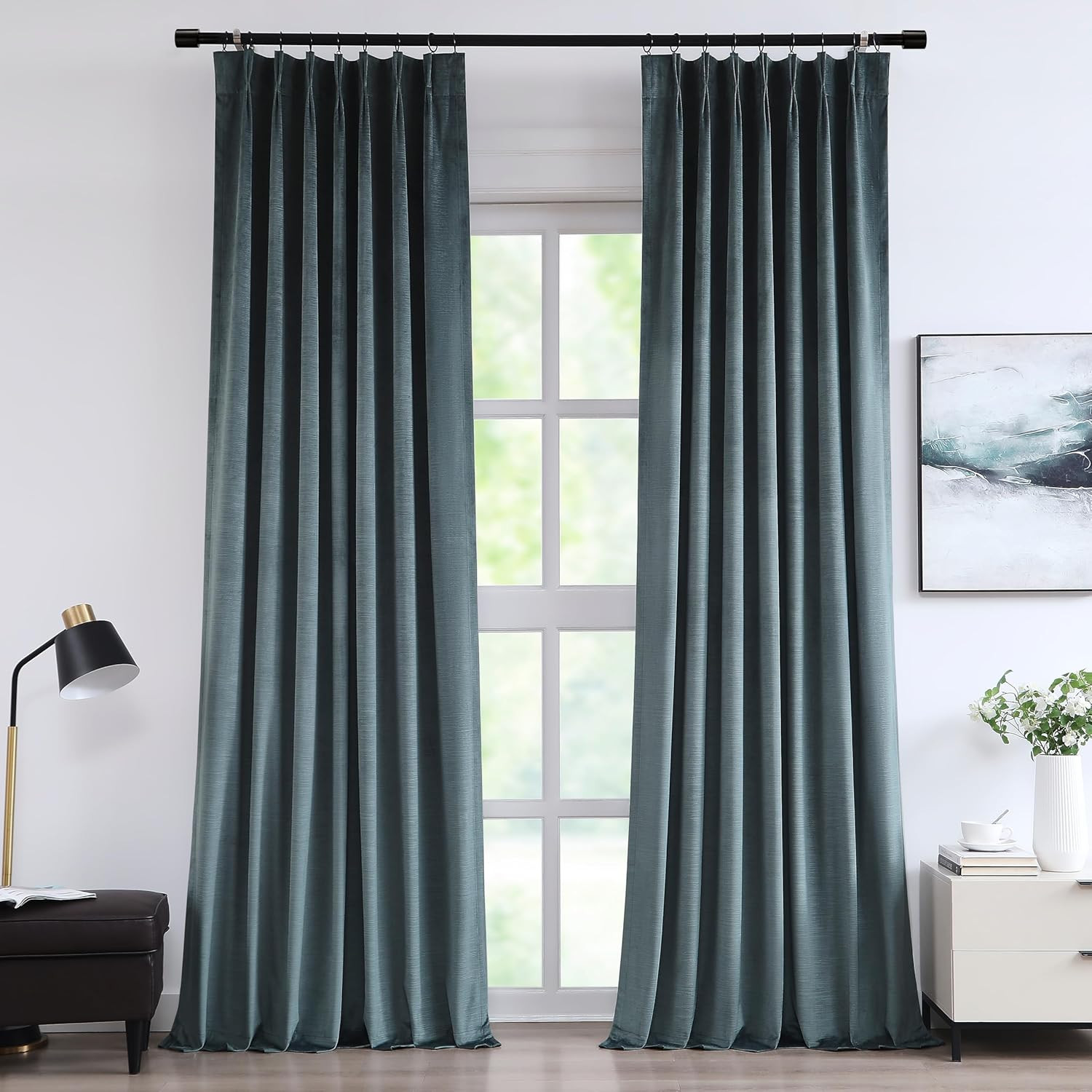 Storm Blue Velvet Blackout Curtains, 102″ Thermal Insulated Pleated Drapes, 2 Pa