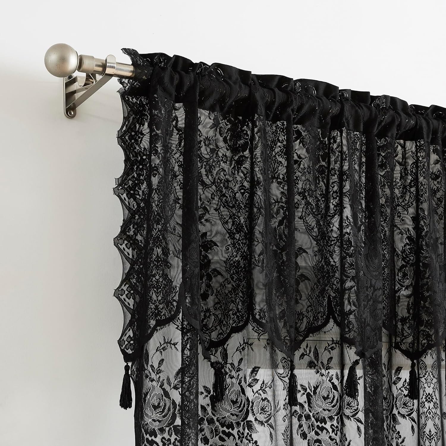 WARM HOME DESIGNS Pair of 2 Sheer Lace Curtains with Attached Valances & Tassels