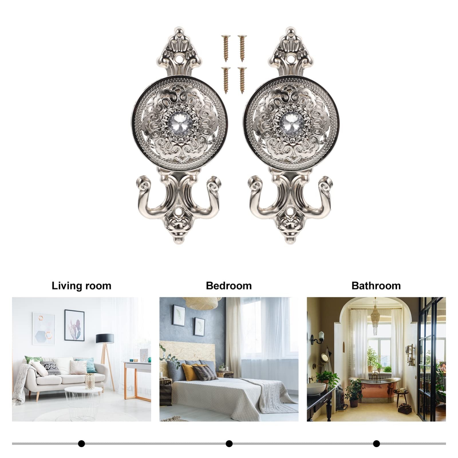 Rhinestone Curtain Holdback Hooks Set 2Pcs Silver Wall Mounted Drapery Tiebac…