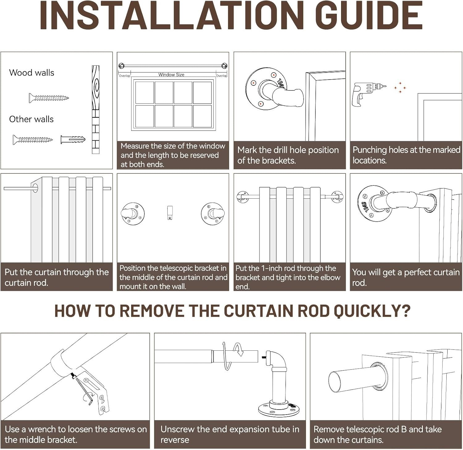 Rustic Black Curtain Rod, Includes Installation Accessories and Instructions