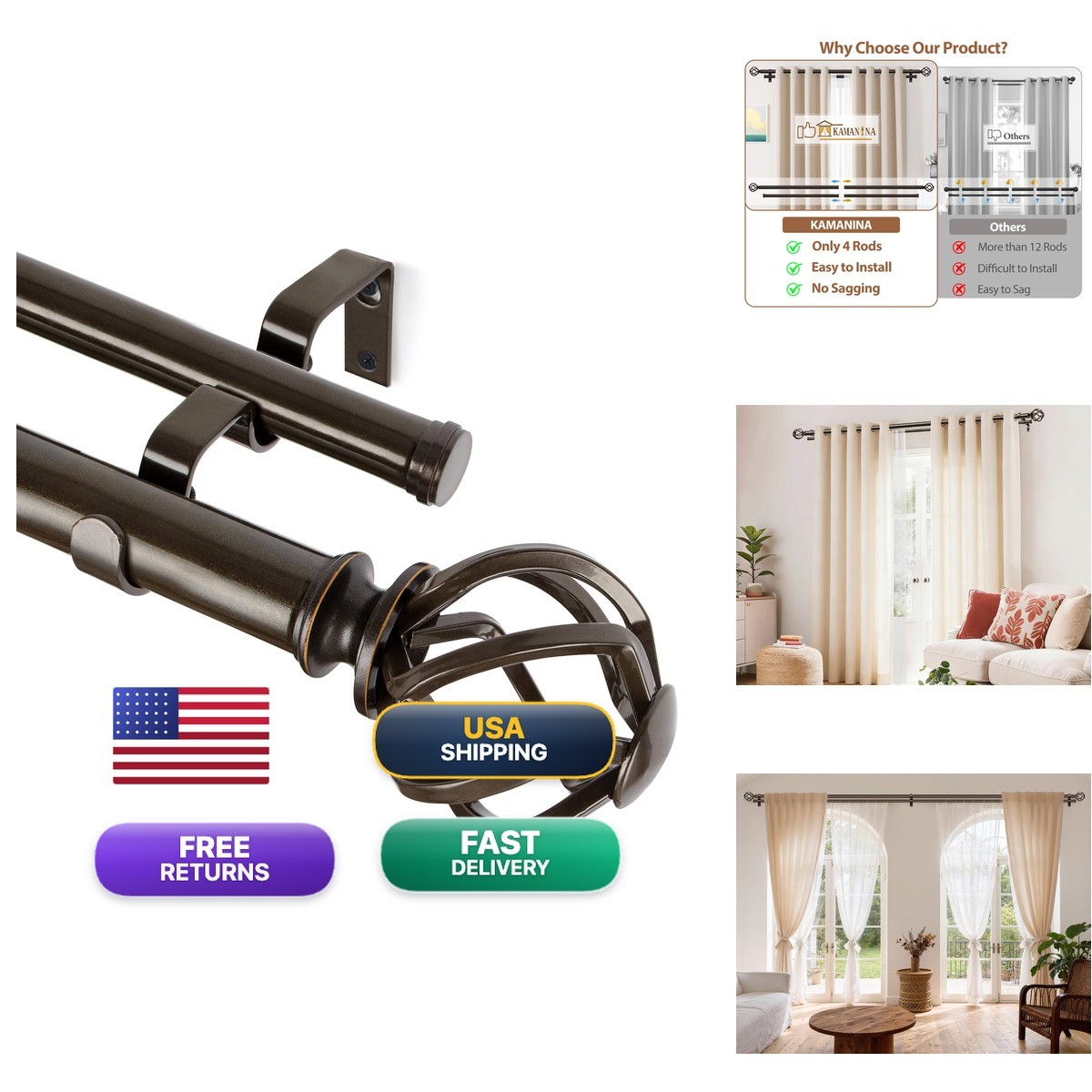 Kamanina 1 Inch Double Curtain Rods 36 To 72 Inches 3-6 Feet Window Telescoping