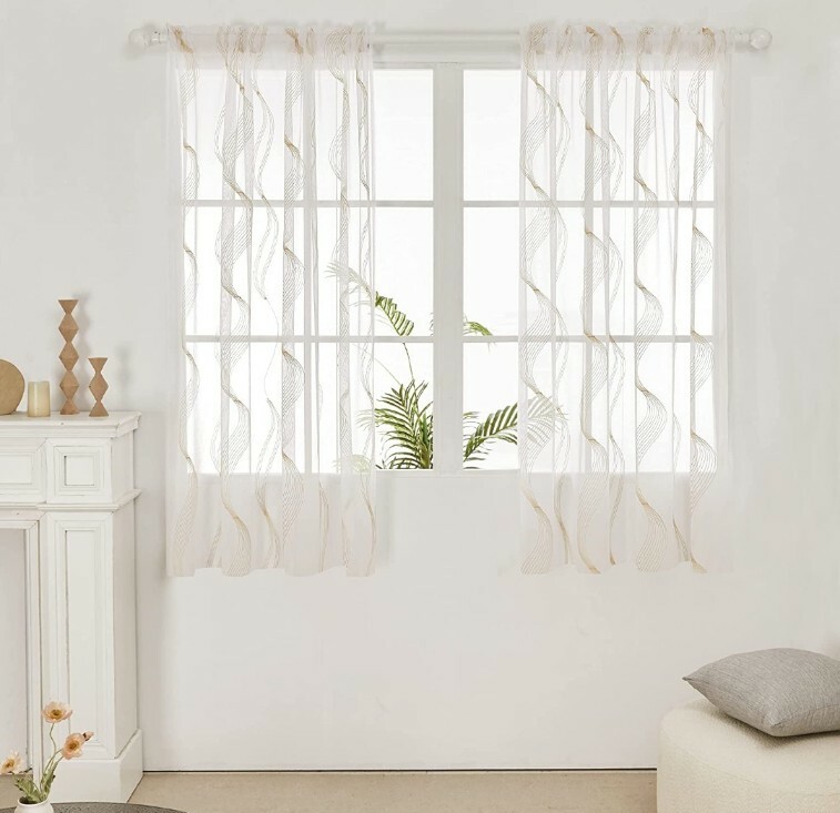 White Sheer Curtains, Beige Stripe, 2 Panels, 52×63″, Rod Pocket Stripe Pattern