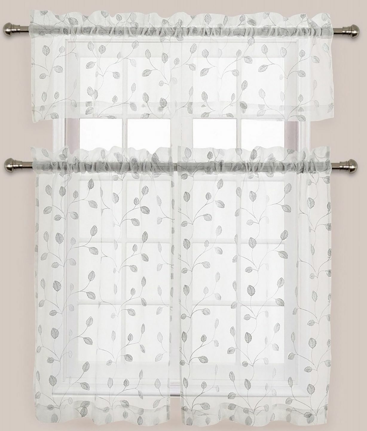 Embroidered Curtains Set:2 Tiers 28″x36″ & Valance 56″x15″ WHITE LEAVES, Adler