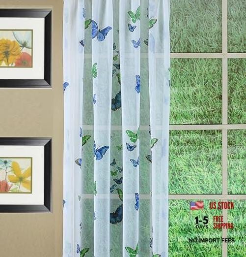 Butterflies Print Semi Sheer Panel 84″ 54W x 84L 54″W x 84″L – Blue – Pack of 1