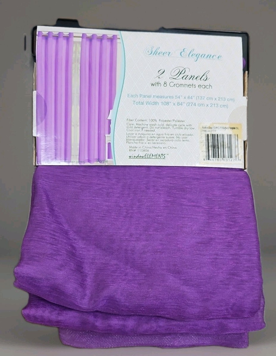 Two Plum Grommet Sheer Window Curtain Panels. 54in x 84in. Each New