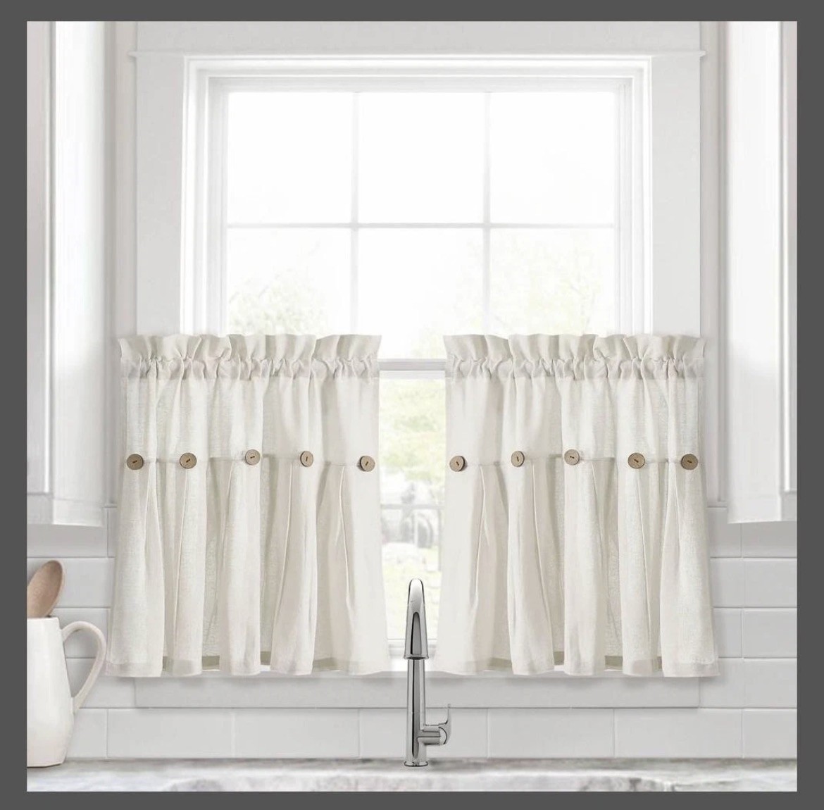 Set of 2 (24″x29″) Farmhouse Linen Button Kitchen Curtain Tiers Off White