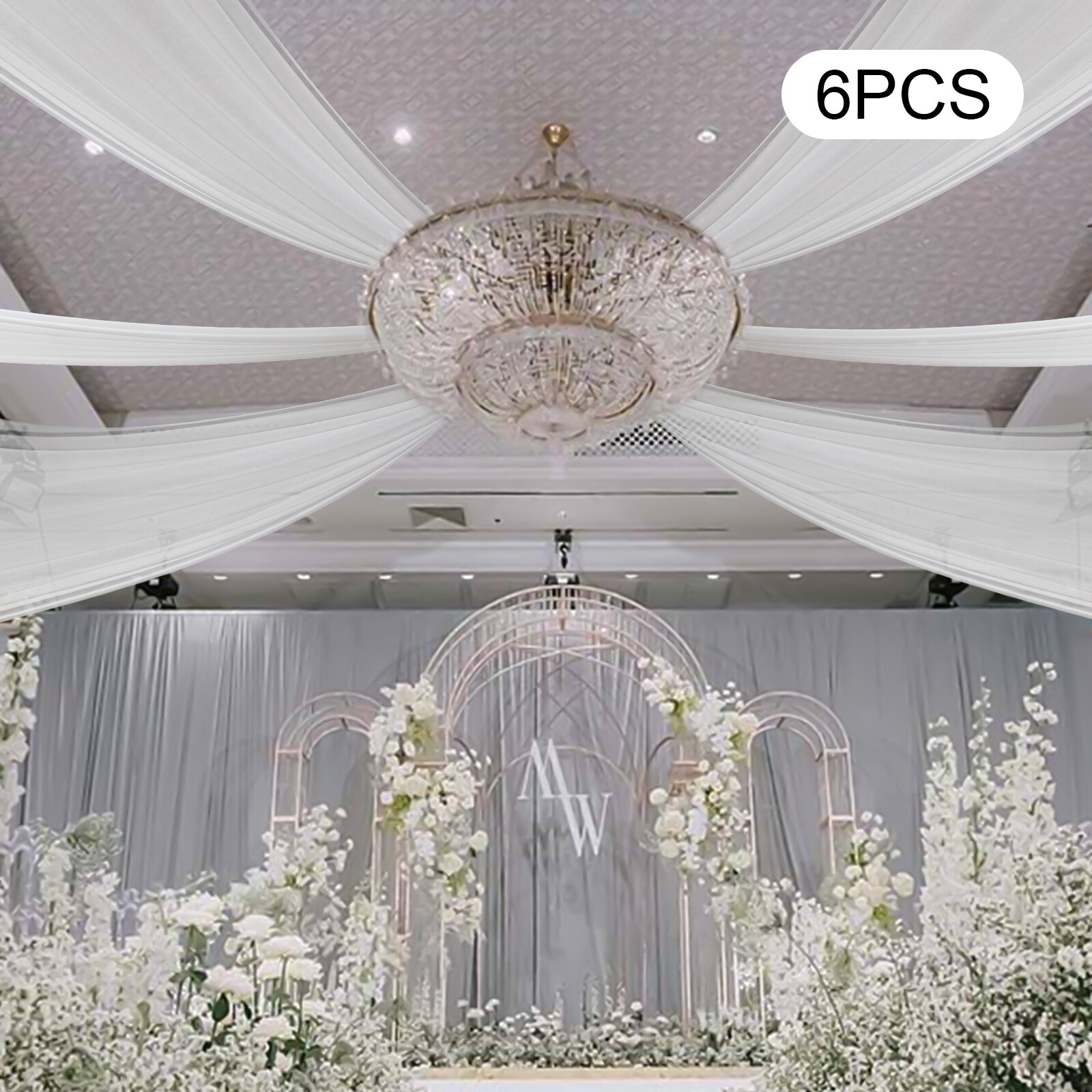 6Pc White Chiffon Ceiling Drapes 15 × 5 Ft Panels For Wedding Party Backdrop