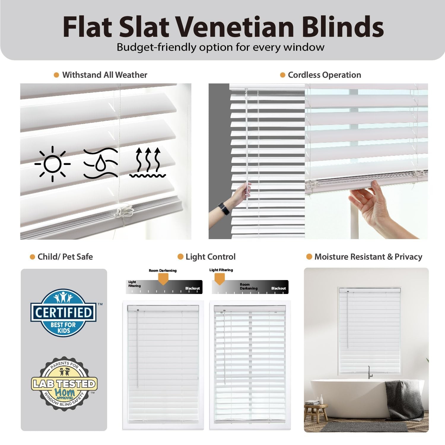 2″ Cordless Flat Slat Venetian Blind, 46″ W x 72″ H, White