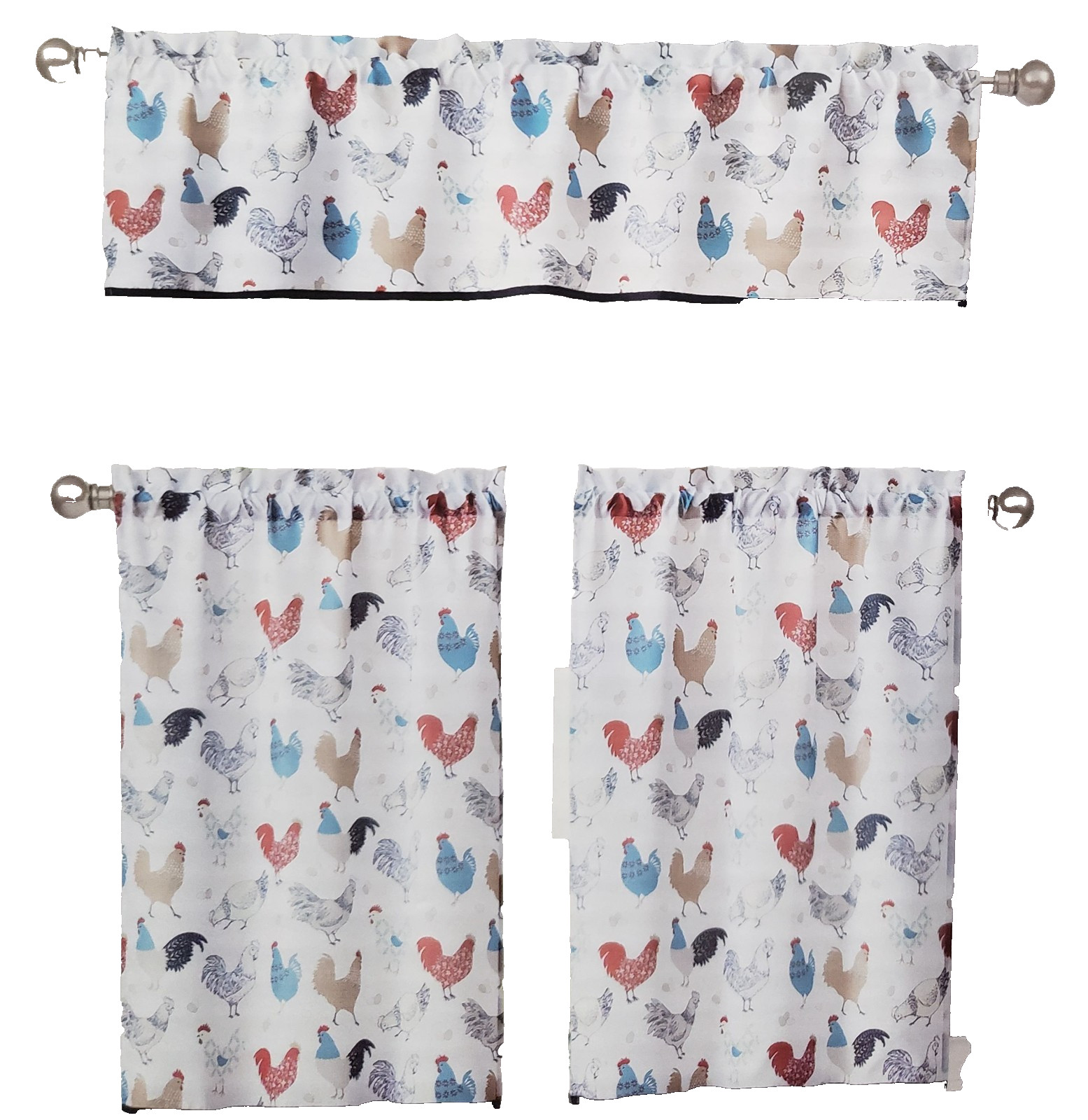 3pc Curtains Set:2 Tiers (28″x36″)& Valance (56″x15″) MULTICOLOR MODERN ROOSTERS