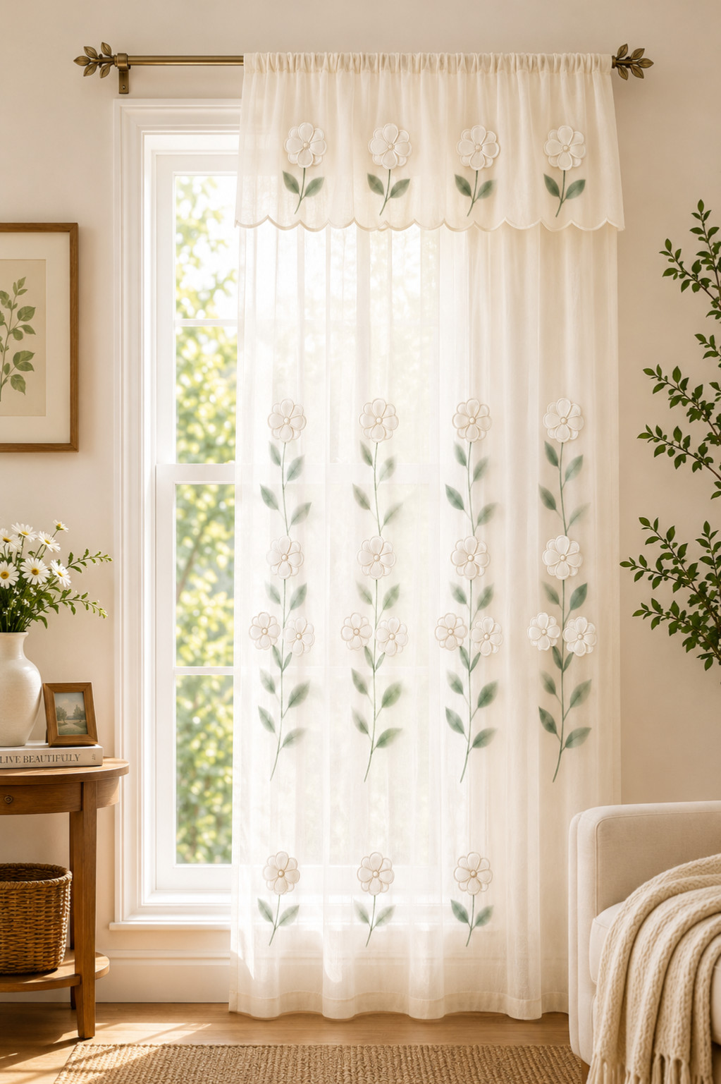 Vintage Ivory Floral Sheer Curtain Panel Double Layer Valance 60 in. x 84 in.