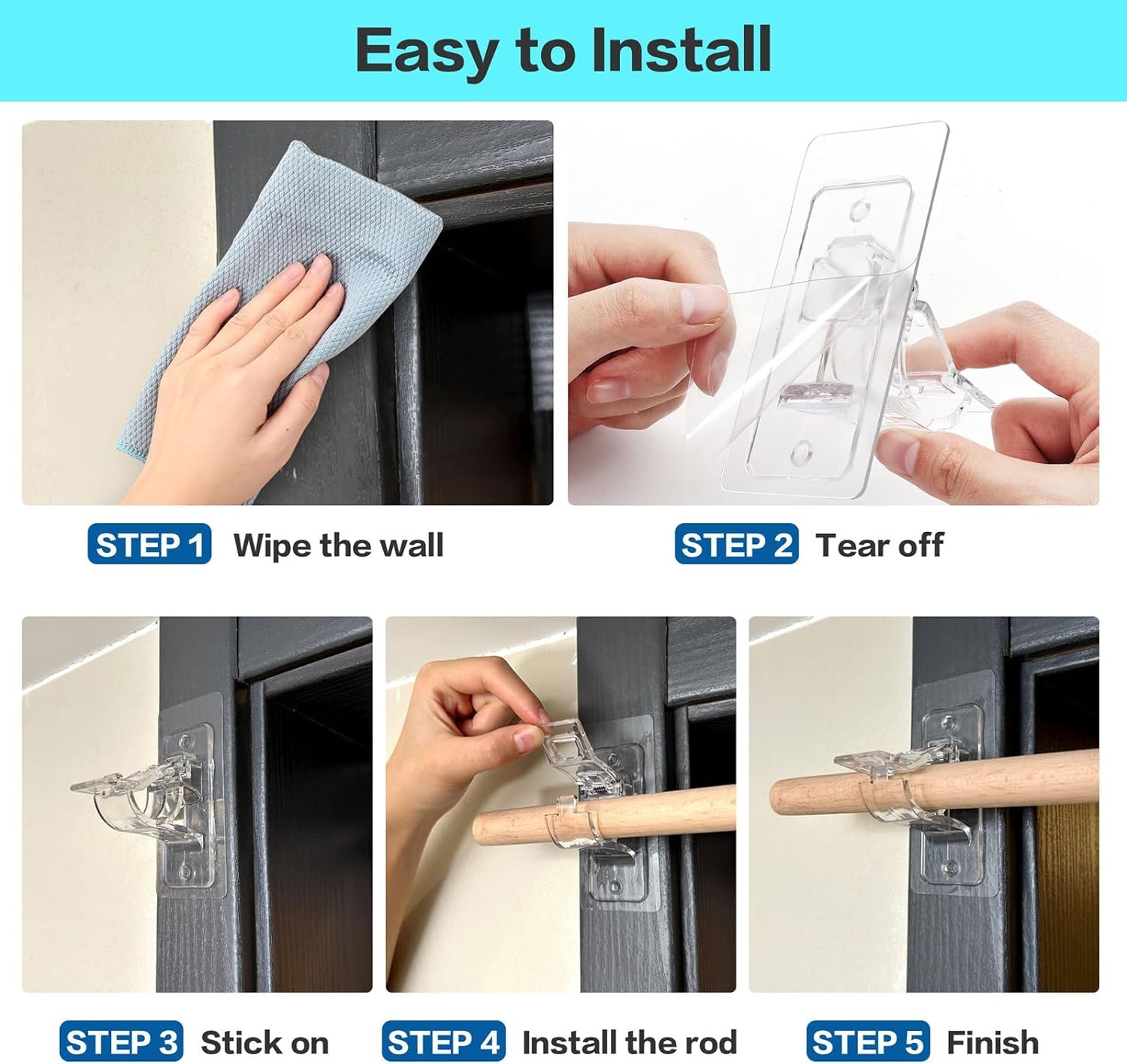 2 Pack No Drill Curtain Rod Brackets, Nail-Free Adjustable curtain Rod Holder