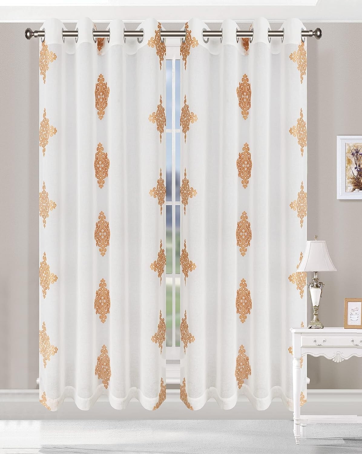 SUPERIOR Embroidered Damask Sheer Gold Grommets Window 108 inches 2 panels