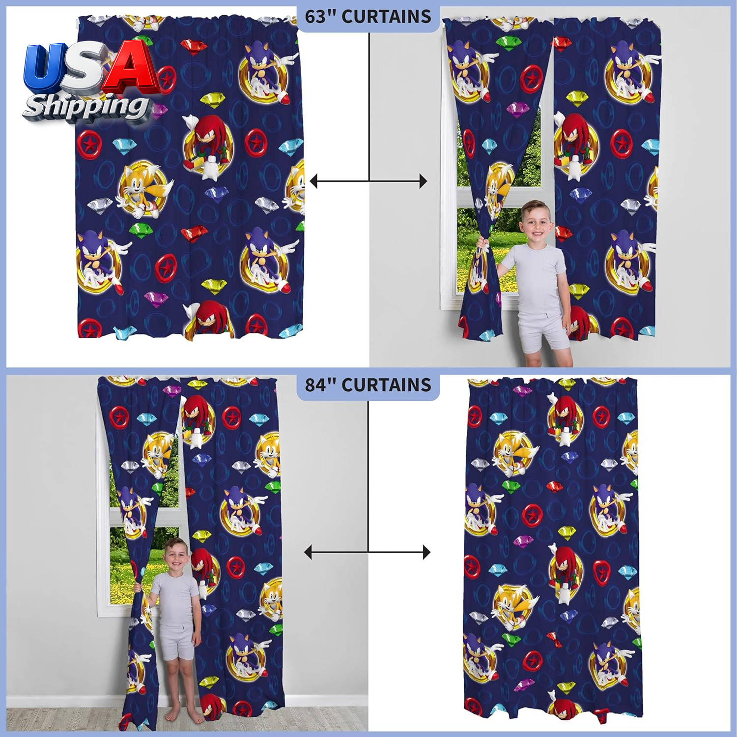 Kids Room Window Curtains Drapes Set, 82 in X 63 In, Sonic the Hedgehog, Anime