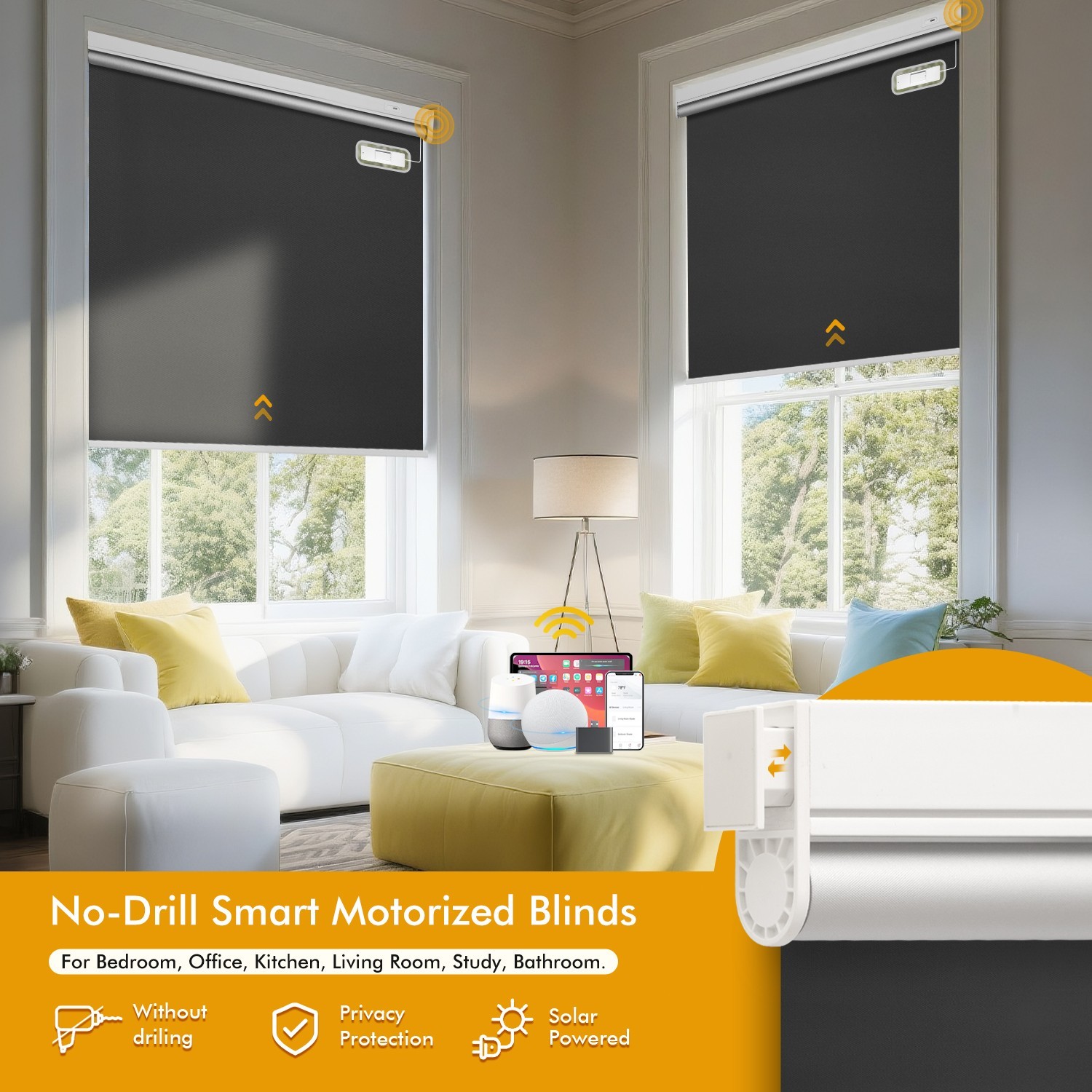 Cordless No-Drill Motorized Roller Blinds with Remote Control Solar Panel Includ