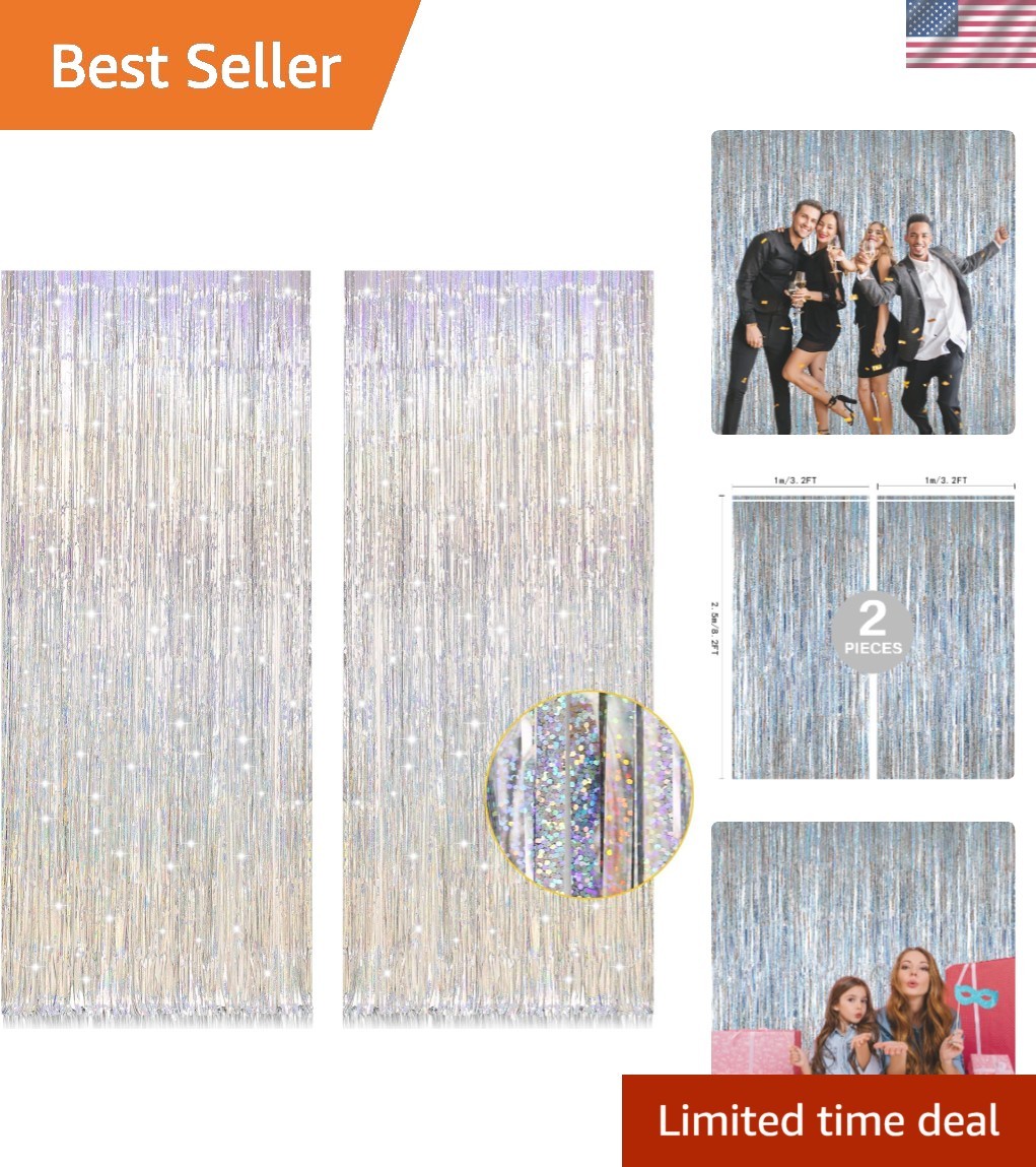 Reusable Silver Foil Fringe Curtains – 2 Pack, 3.2ft x 8.2ft Party Decor