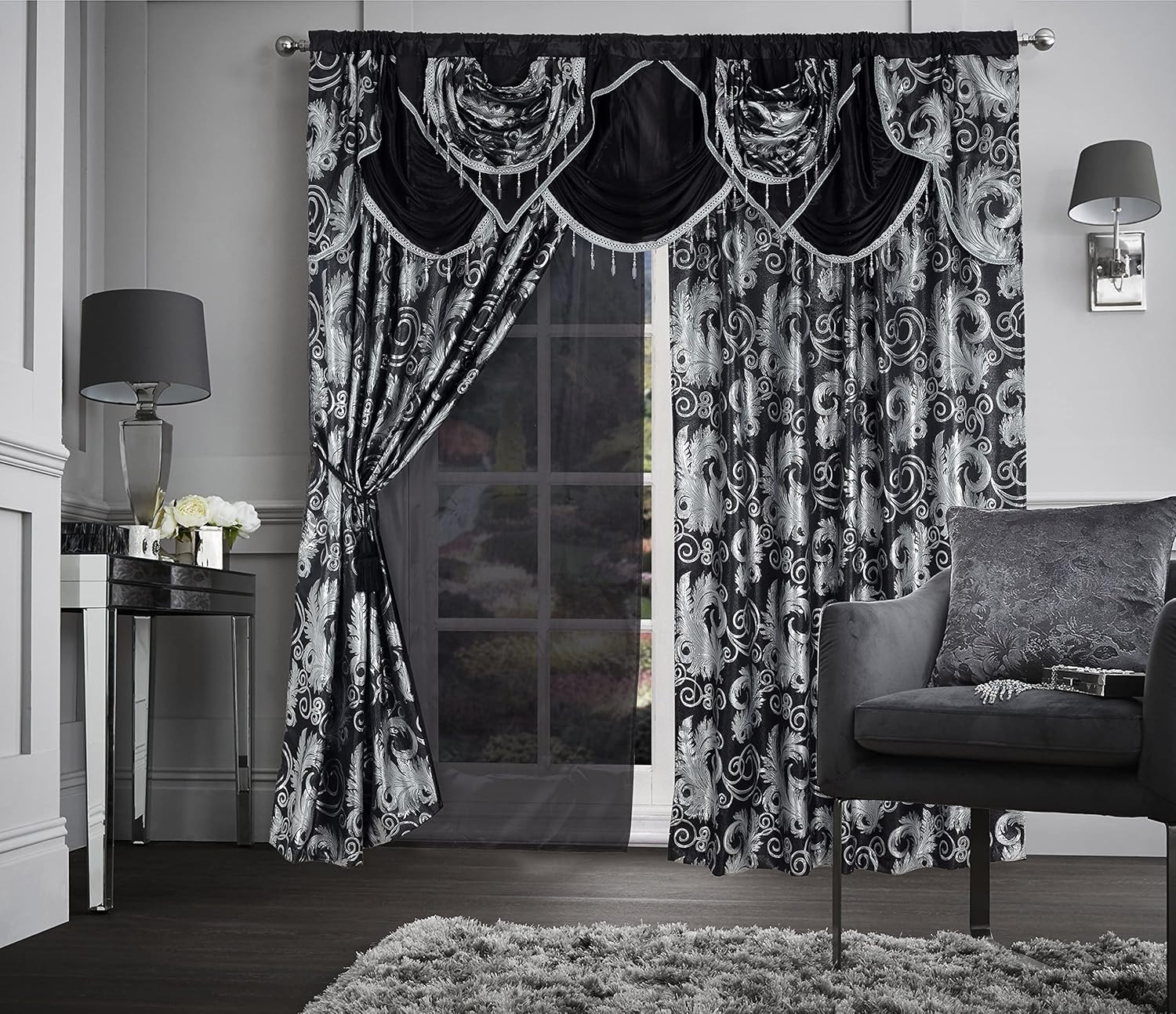 Jacquard Luxury Window 2 Panel Set Black Curtain with Attached Valance and Backi