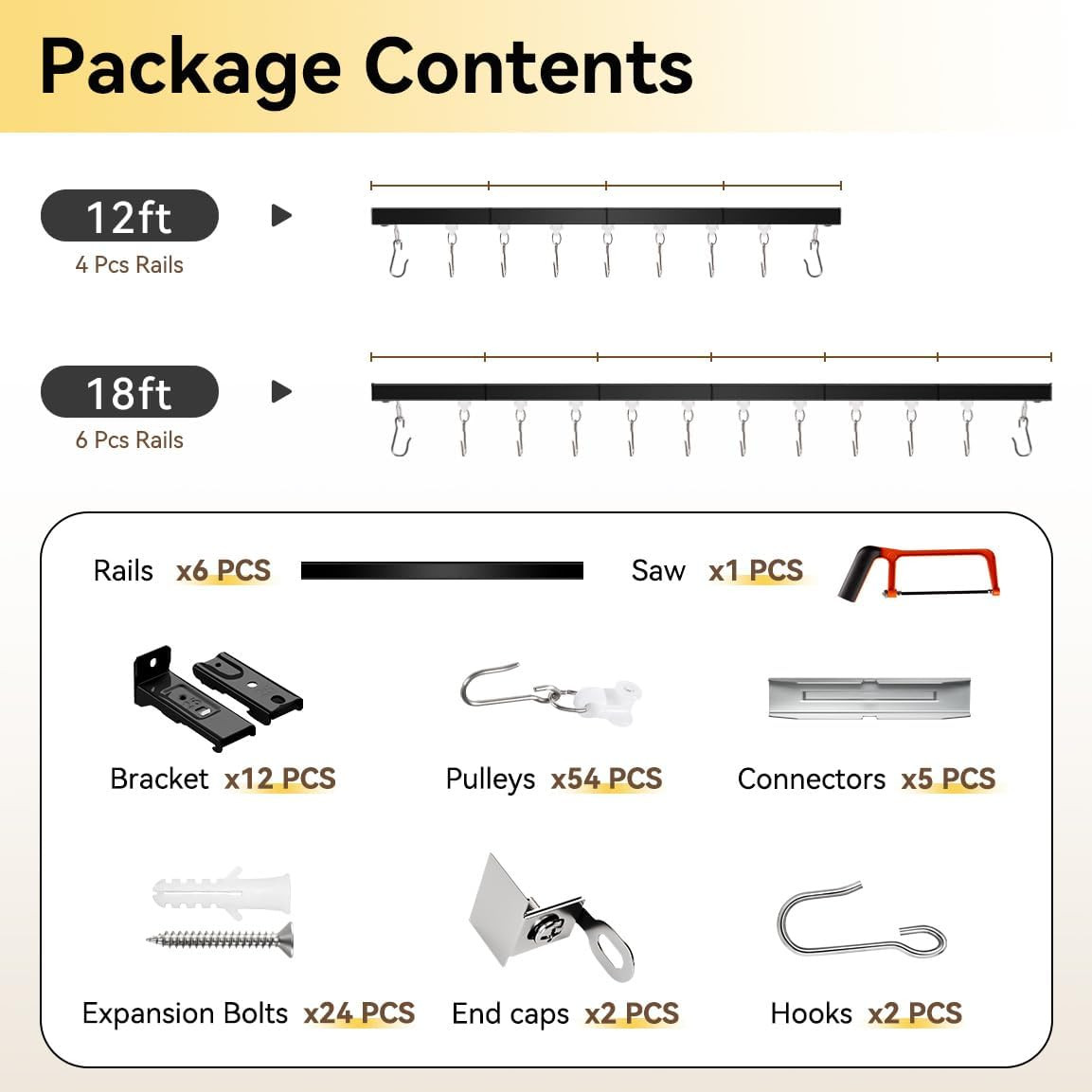 Ceiling Curtain Track Set for Room Divider, 12Ft-18Ft, Black with Roller Hooks