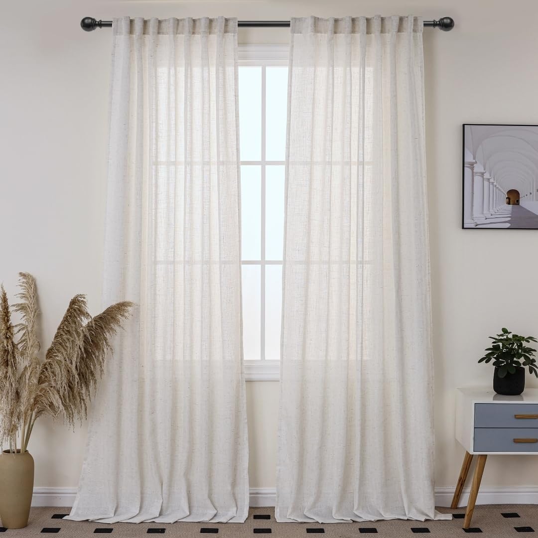 VOILYBIRD Natural Linen Sheer Curtains Back Tab & Hook Belt 63 In. Long Natural