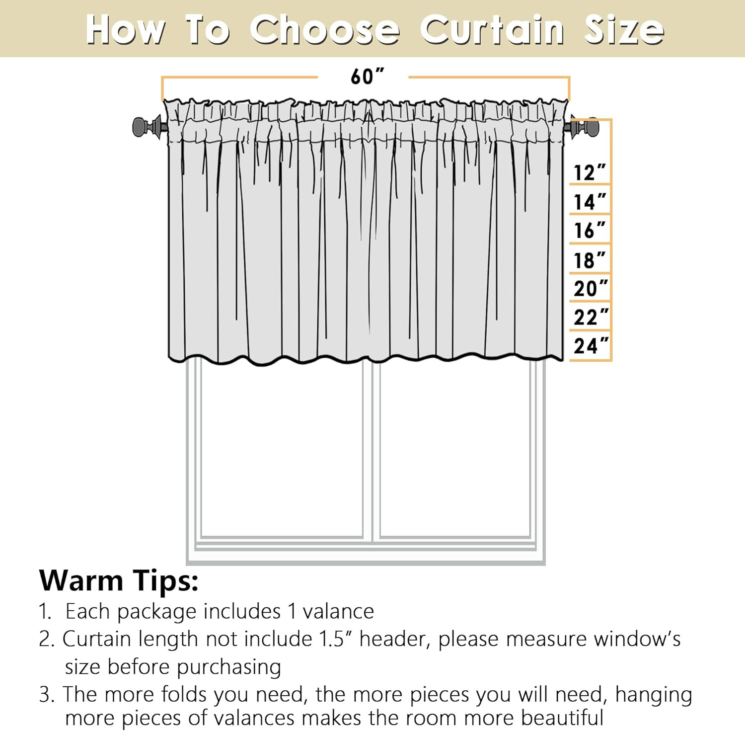 Valance for Windows, Light Filtering Faux Linen Textured Small Short Valance Kit
