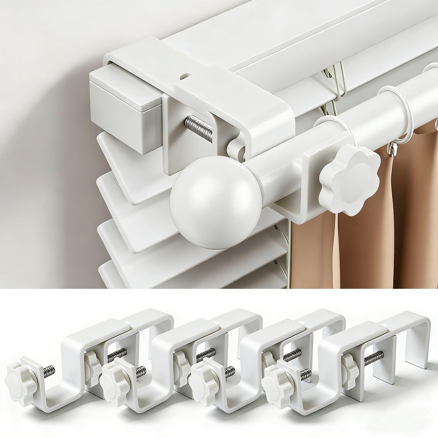 No Drill Curtain Rod Brackets for Outside-Mount Blinds, Tool-Free Holders, 4 Pac