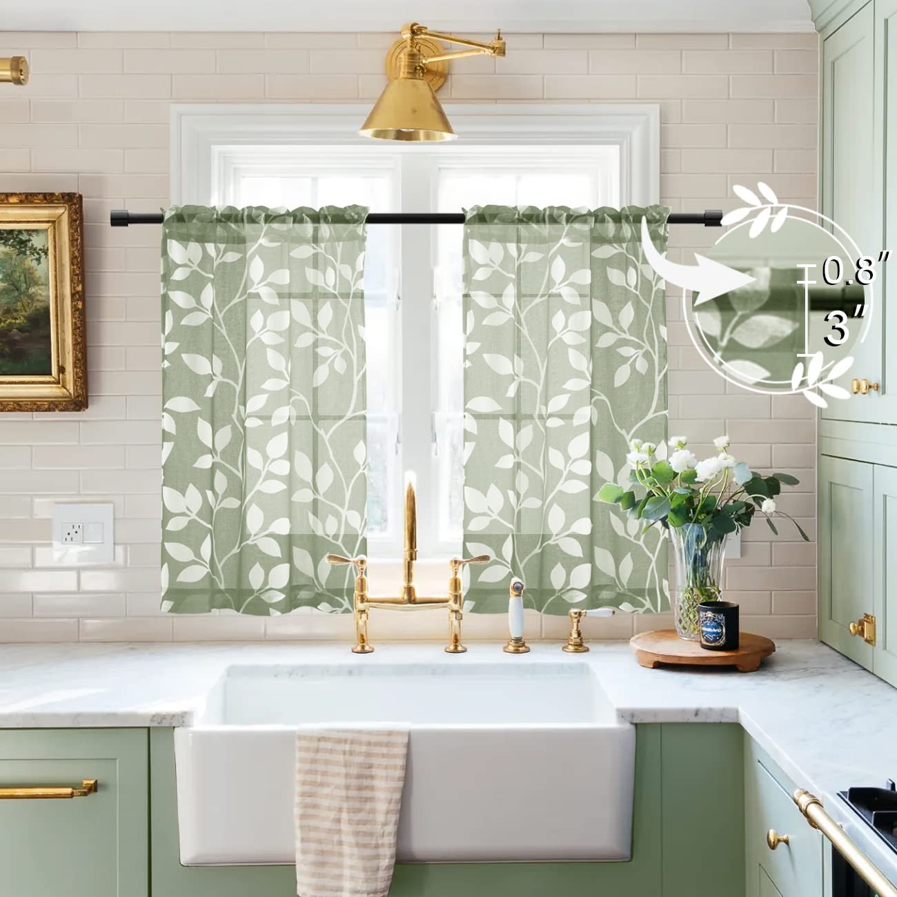 XTMYI Boho Curtains for Kitchen Window Green 25″W x 30″L (Pack of 2), Sage