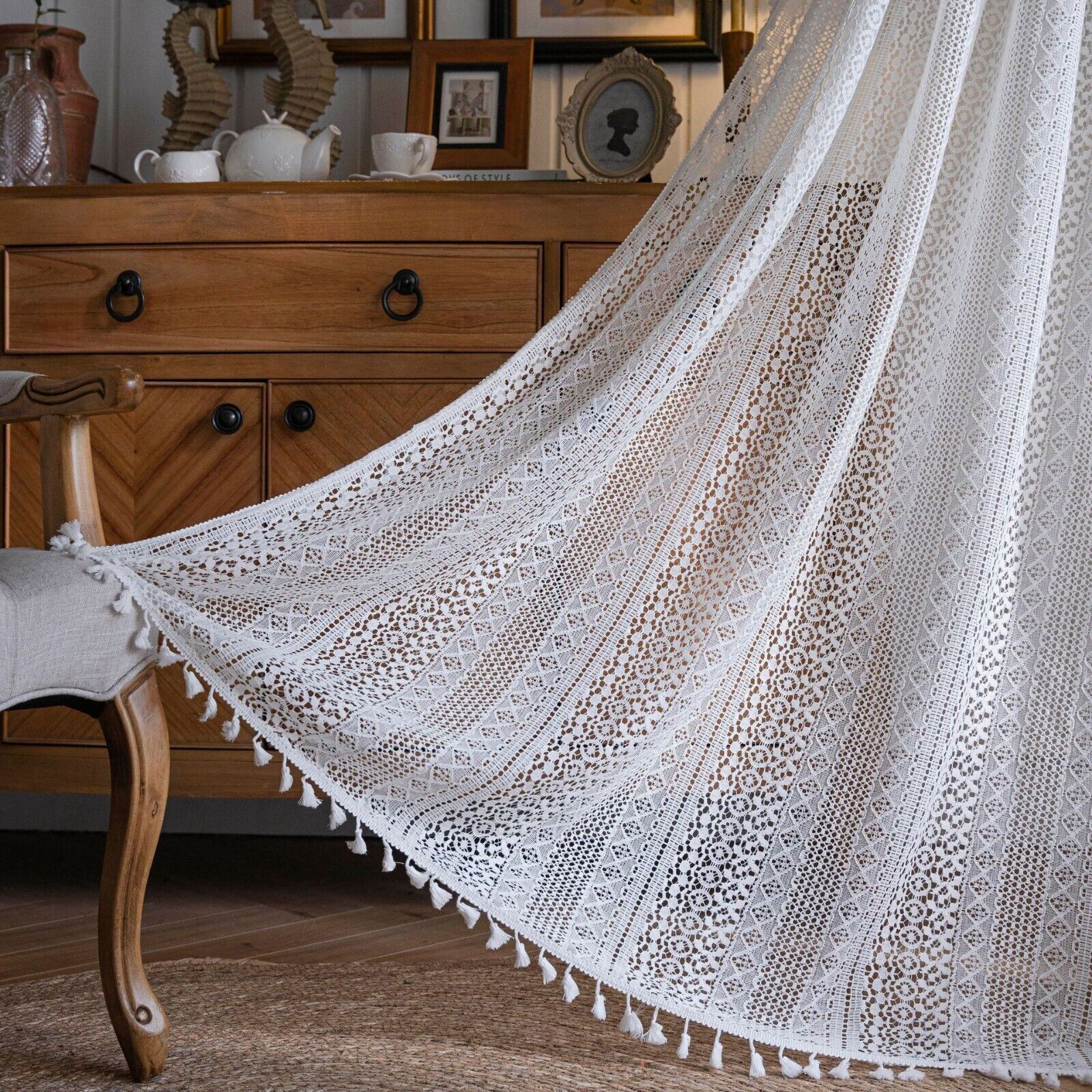 Crochet Lace Curtain Panels Window Drapes Bedroom Living Room Rod Pocket Rustic