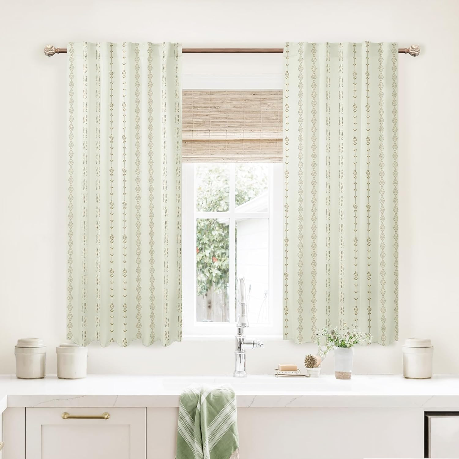 Short Curtains for Windows, 45 Inch Boho Farmhouse Floral Pattern Thermal Insula